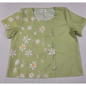 Flycurvy Women's Green Floral Print Short-Sleeve Top w/ Button Accents Size L